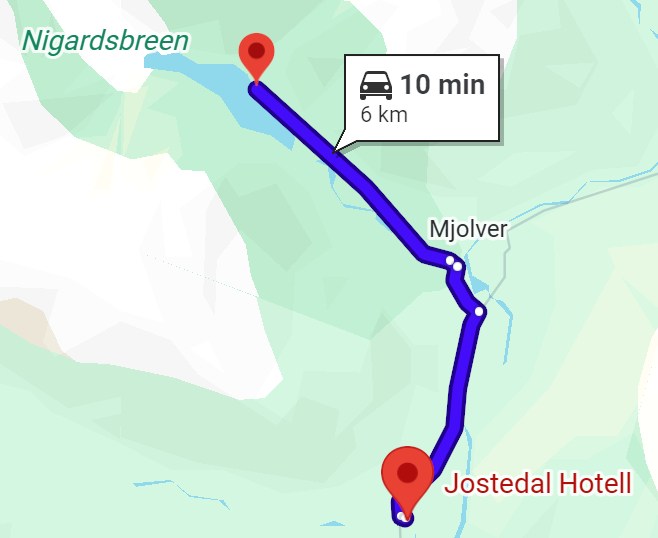 Map showing a 10-minute, 6 km route from Nigardsbreen to Jostedal Hotell.