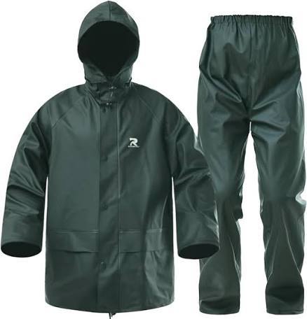 Dark green raincoat and pants set with a hood.